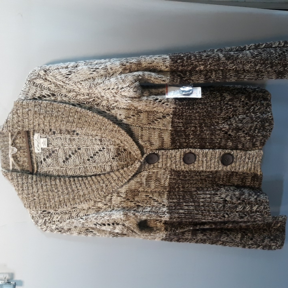 Kim Rogers Cream and Brown Ombre Shawl Collar Button Front Sweater